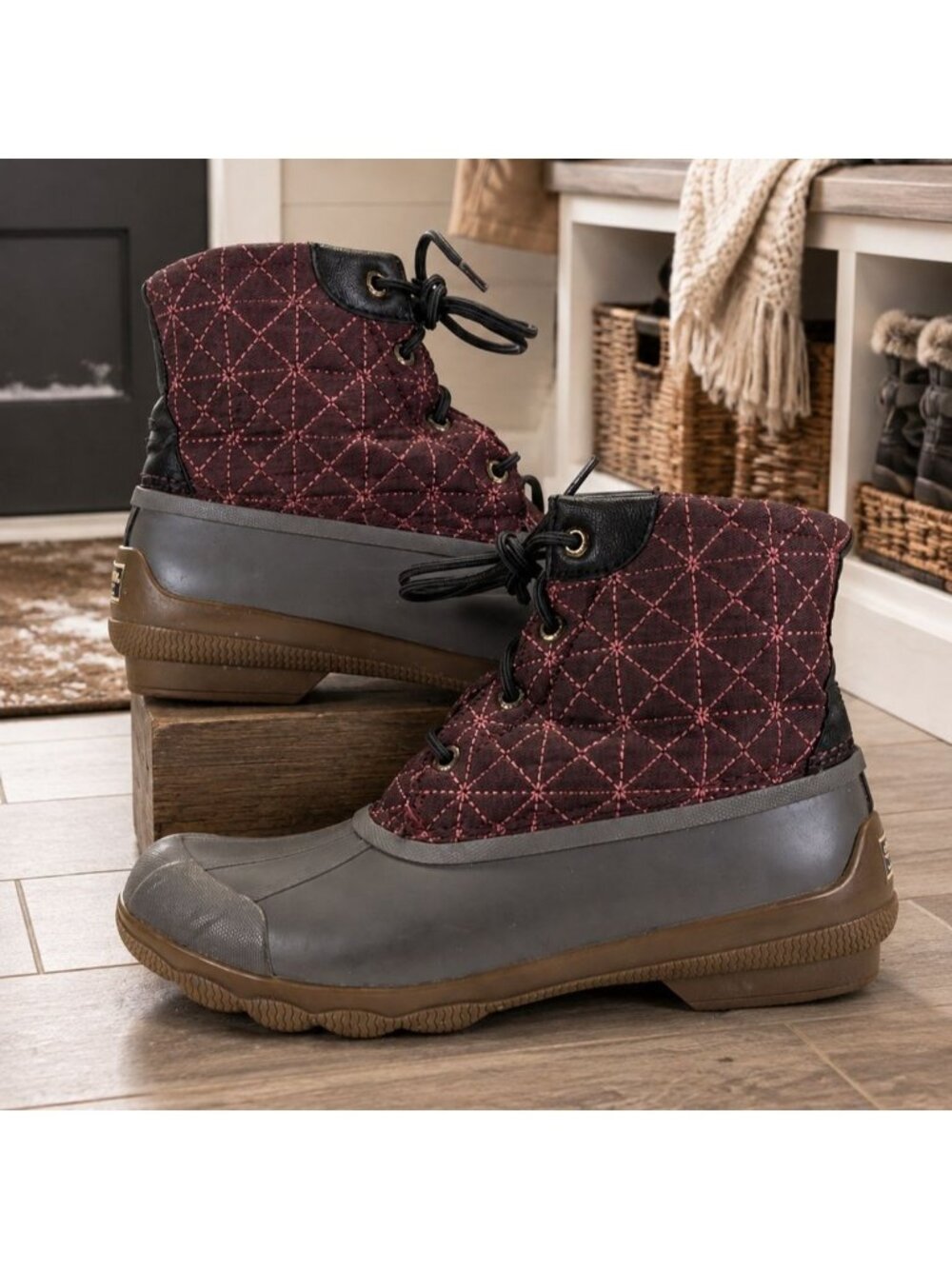 Sperry Top-Sider Womens 7.5 Saltwater Duck Boots Rubber Waterproof Burgundy Gray